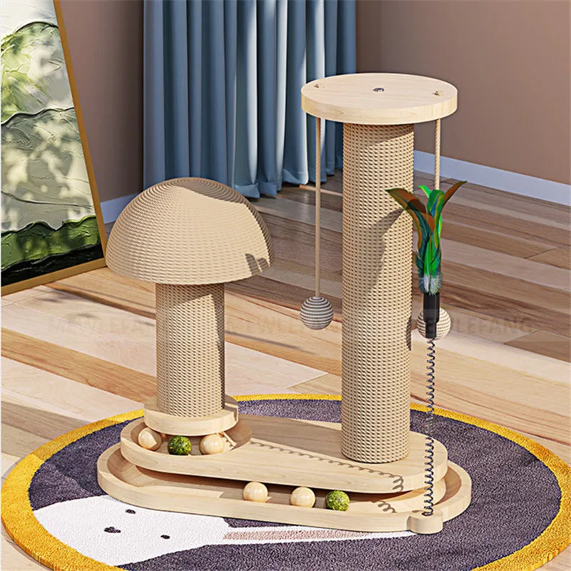 Solid Wood Cat Tower with Teaser Wand-2